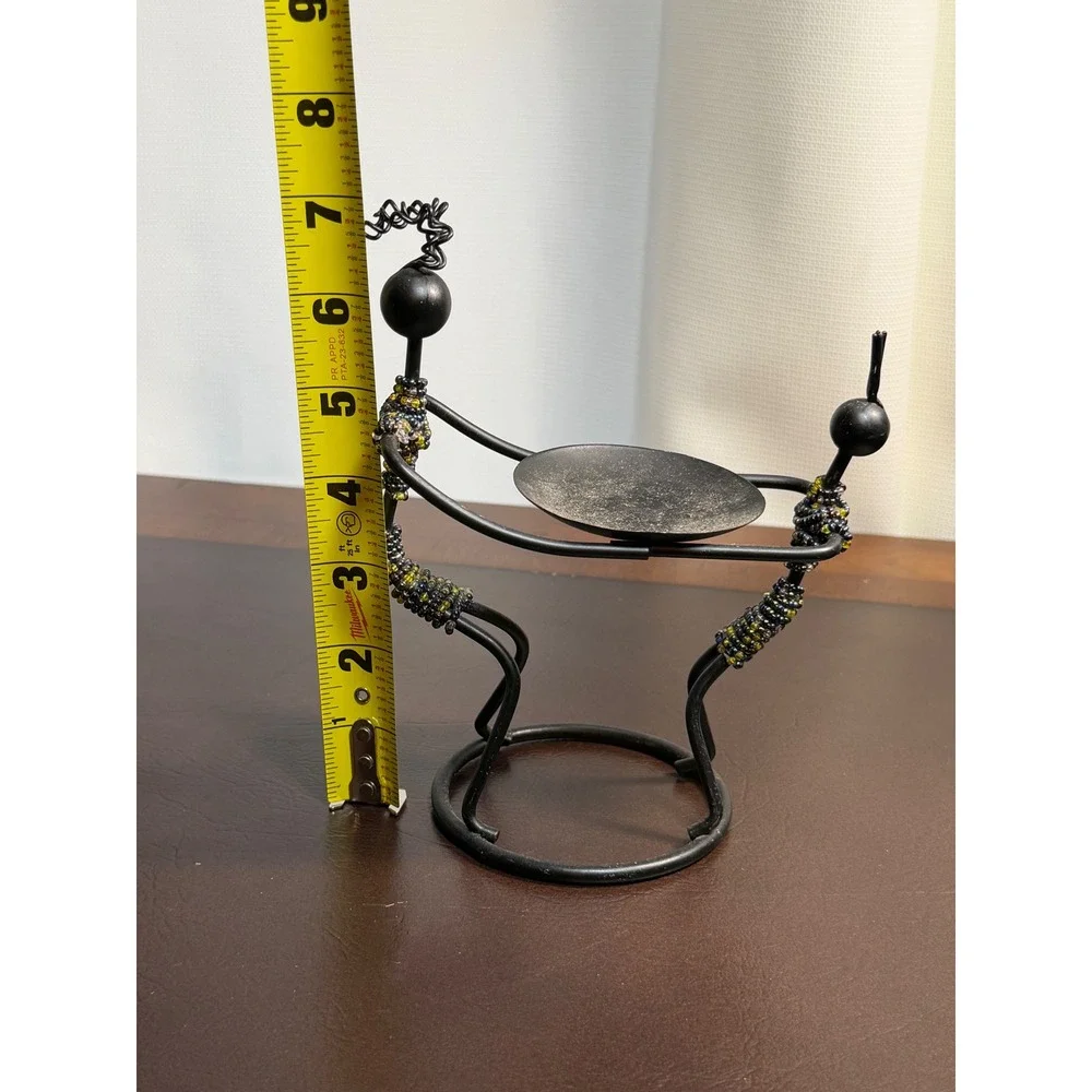 Vintage Wrought Iron Beaded Tribal Figure Candle Holder Black Metal Folk Art
